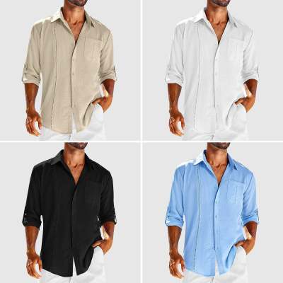 Casual  Long Sleeve Shirt With Pocket Lace Polo Collar Solid Color Button Mens Clothing