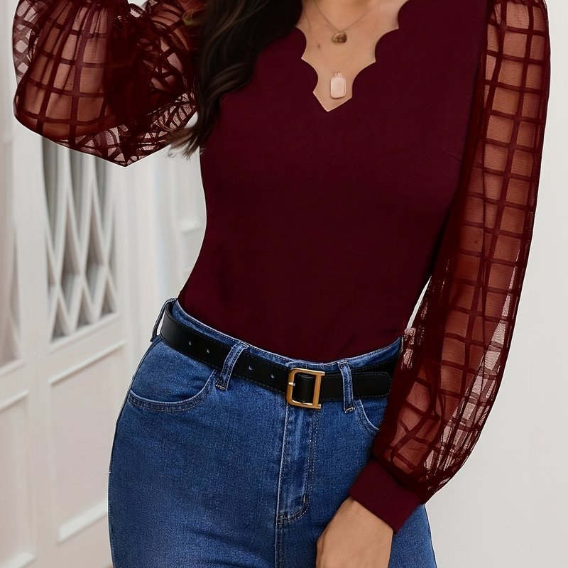 V-Neck Blouse - Women's Casual Scallop Trim V-Neck Blouse with Long Illusion Sleeves for Spring/Fall oxblood 