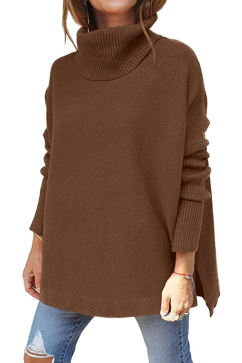 Turtleneck Sweater - Mid Length Batwing Sleeve Slit Hem Tunic Pullover brown