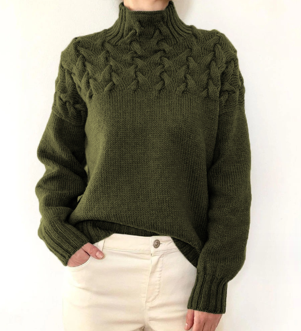 Sweater - Fashion Cable Woven Detail High Collar navy green