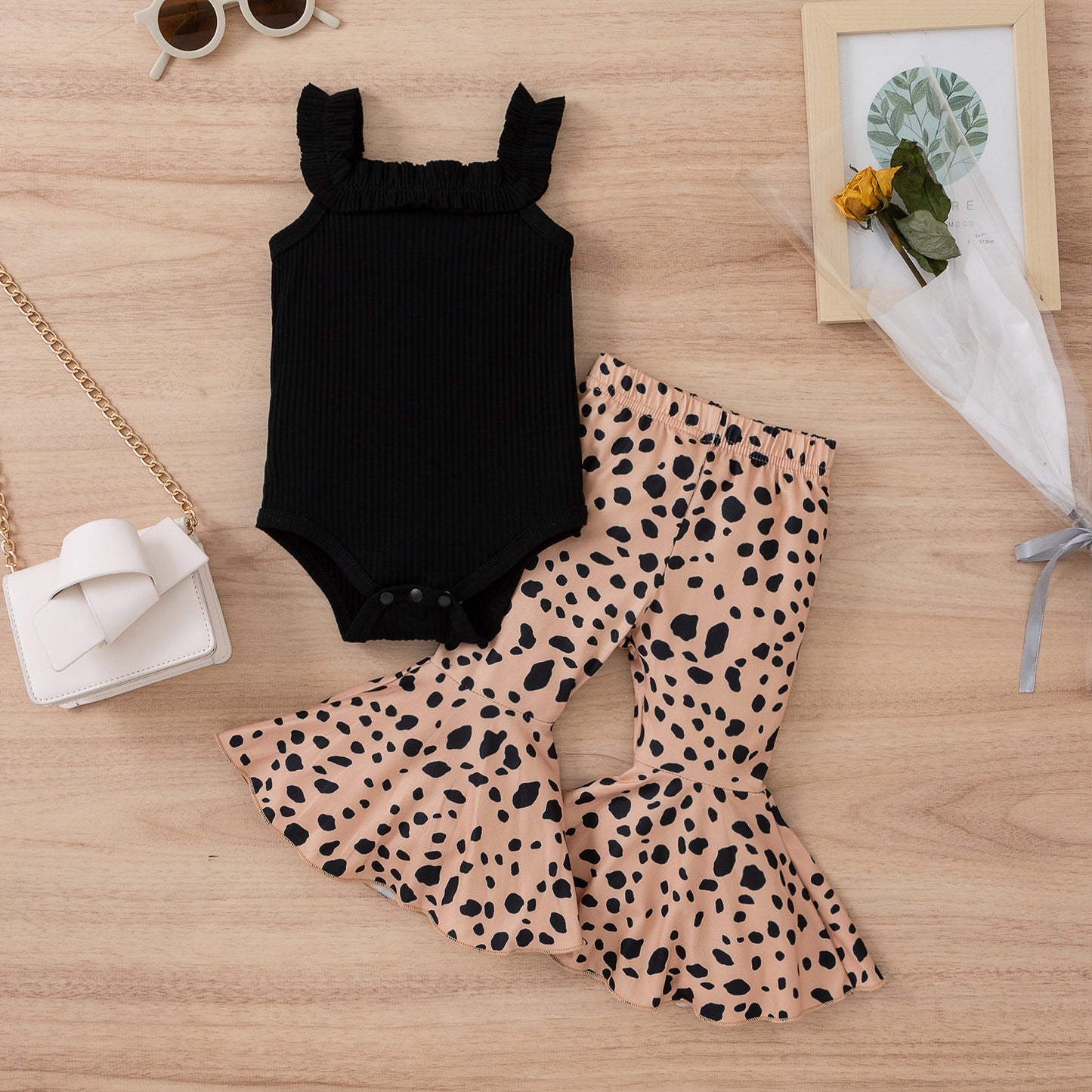 Strap Leopard Print Floral Bell-bottom Pants Fashion Suit