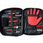 Pet grooming tool set with black and red tools and a glove in an open case on a white background.