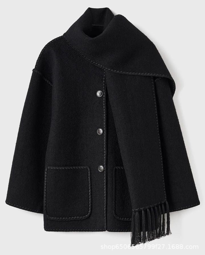 Winter Jacket - Women's Fashionable Thick Woolen Coat with Scarf Tassels 