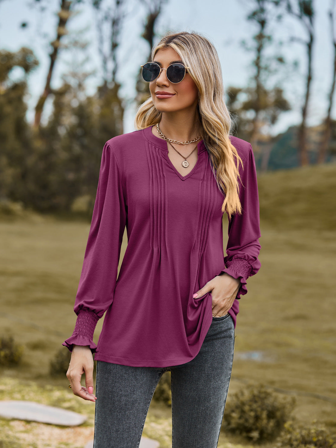 Puff Sleeve Blouse: Women's Solid Color Striped V-neck Smocking Top