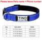 Blue dog collar with name tag and size chart on a white background