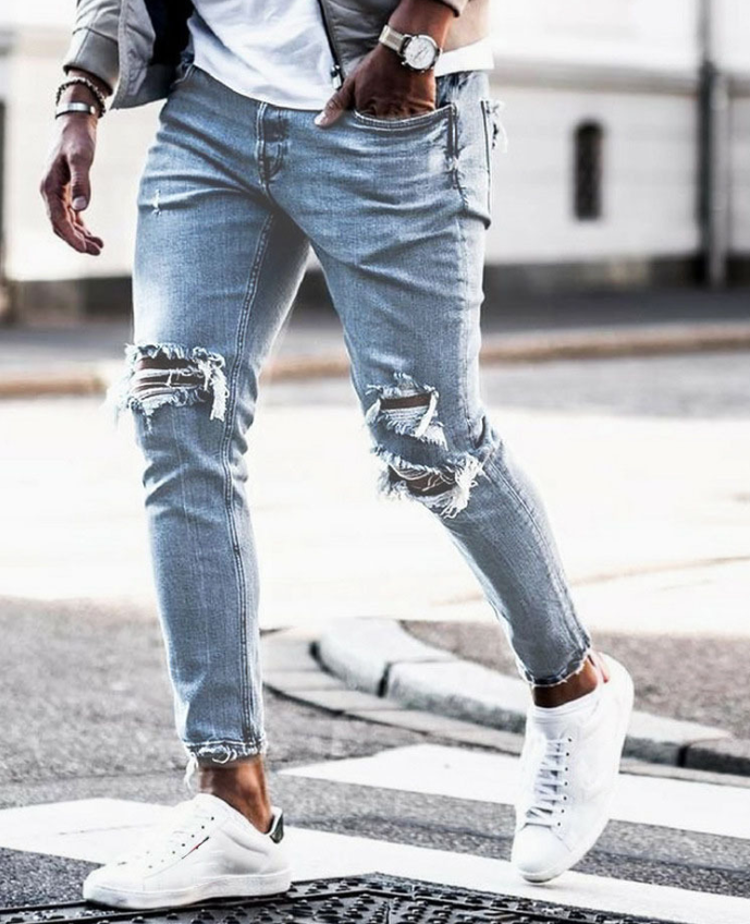 Nouveau Jean skinny déchiré homme Streetwear