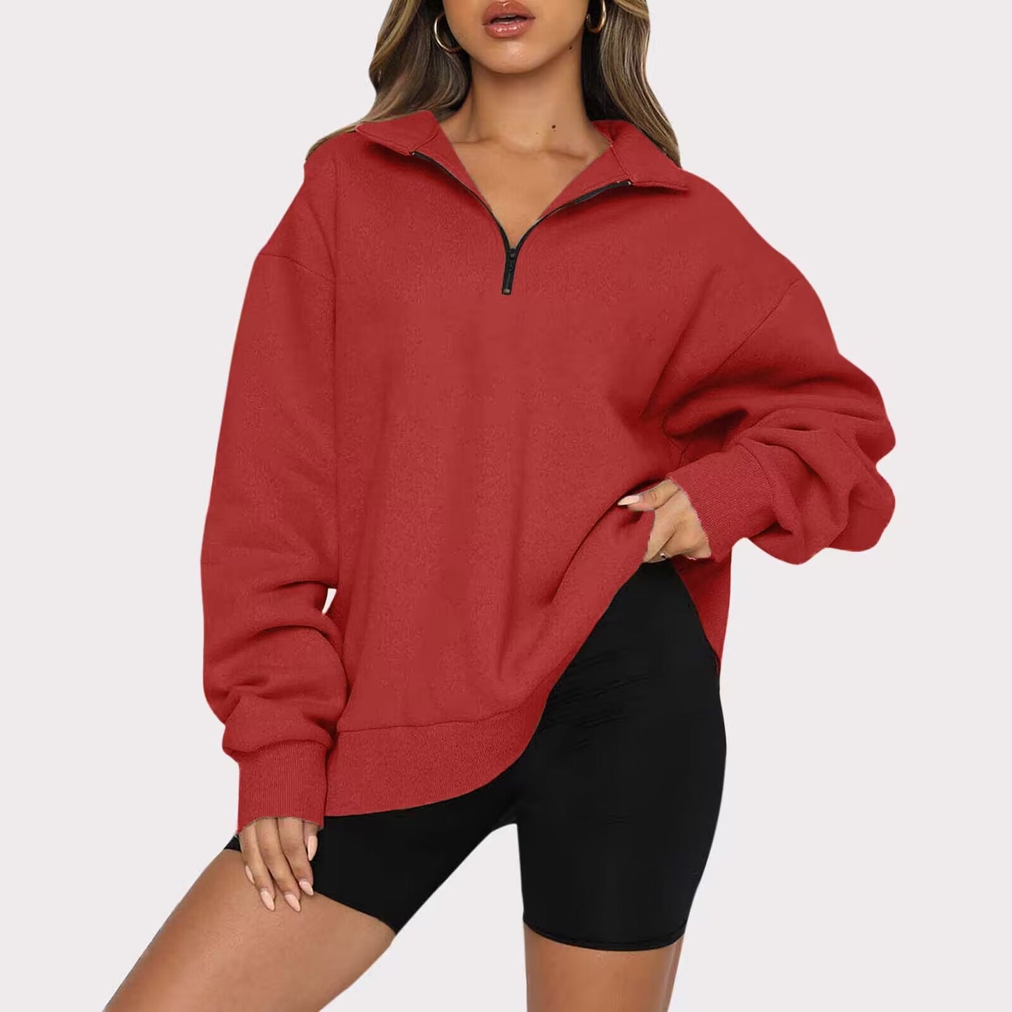 Sweat-shirt à col rabattu pour femme, haut ample et décontracté, vêtements