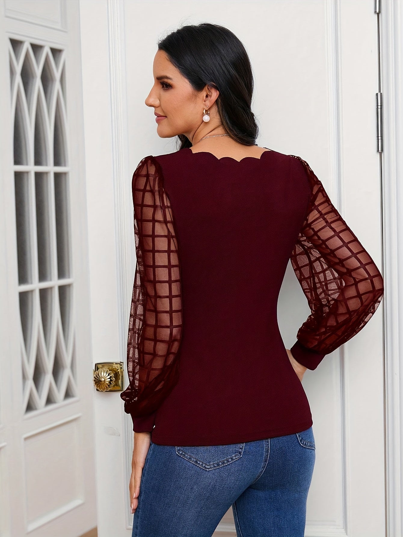 V-Neck Blouse - Women's Casual Scallop Trim V-Neck Blouse with Long Illusion Sleeves for Spring/Fall oxblood