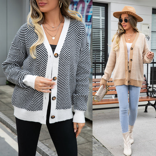 Women's Fashion Casual Cardigan Color Matching Button Sweater Top