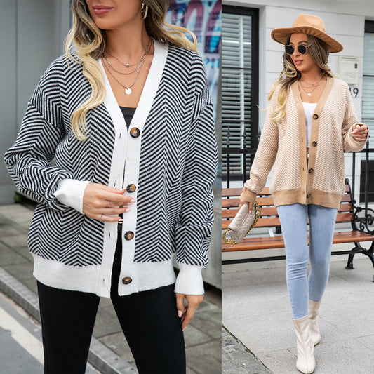 Sweater - Women's Casual Button-Up Color Block Cardigan Sweater