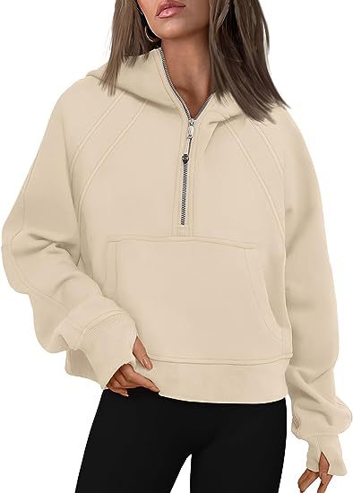 Hoodie - Loose Fit Zip-Up Hooded Sweatshirt with Pockets off white