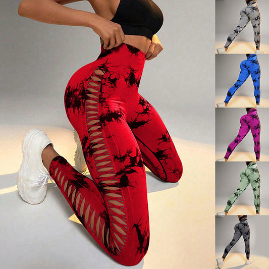 Leggings - Hollow Tie Dye Printed Yoga Pants High Waist Butt Lift Seamless Sports Gym Fitness Leggings