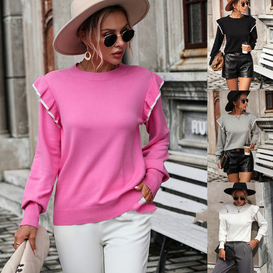 Womens Top - Solid Color Round Neck Pullover Fashion Sweater