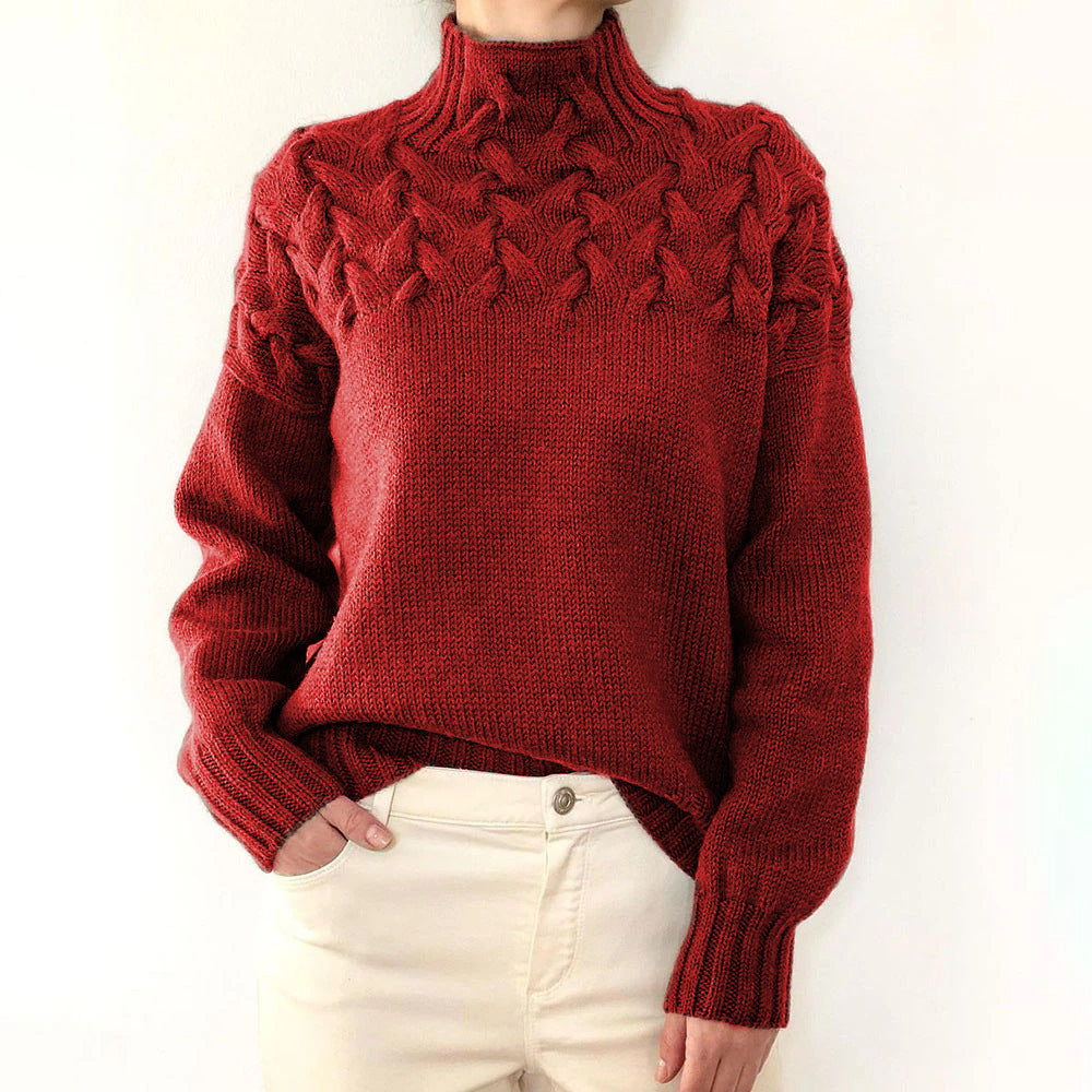 Sweater - Fashion Cable Woven Detail High Collar red