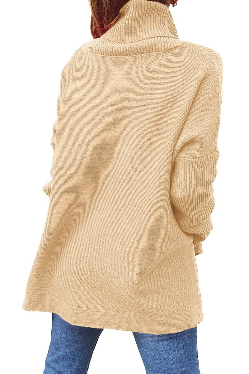 Turtleneck Sweater - Mid Length Batwing Sleeve Slit Hem Tunic Pullover off white