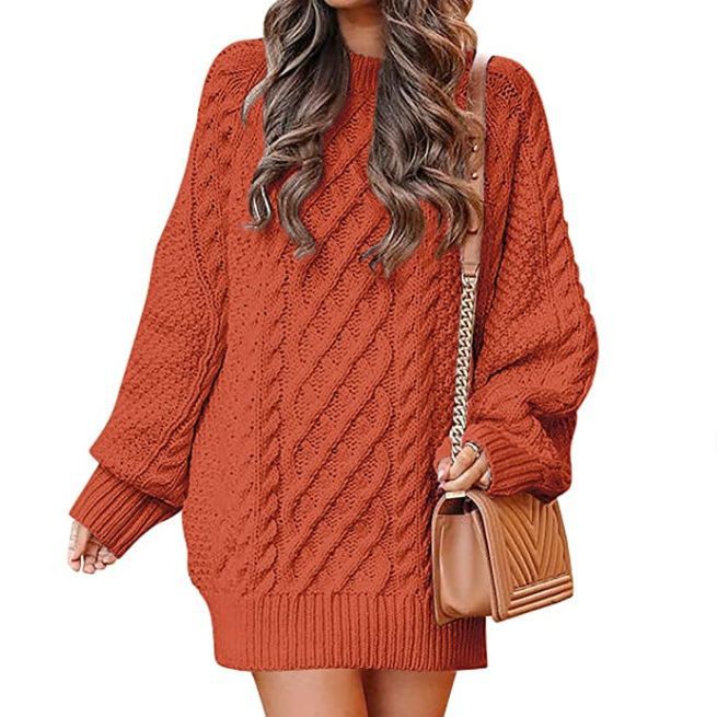 Sweater - Women's Twisted Knit Midi Sweater Dress with Long Sleeves burnt orange