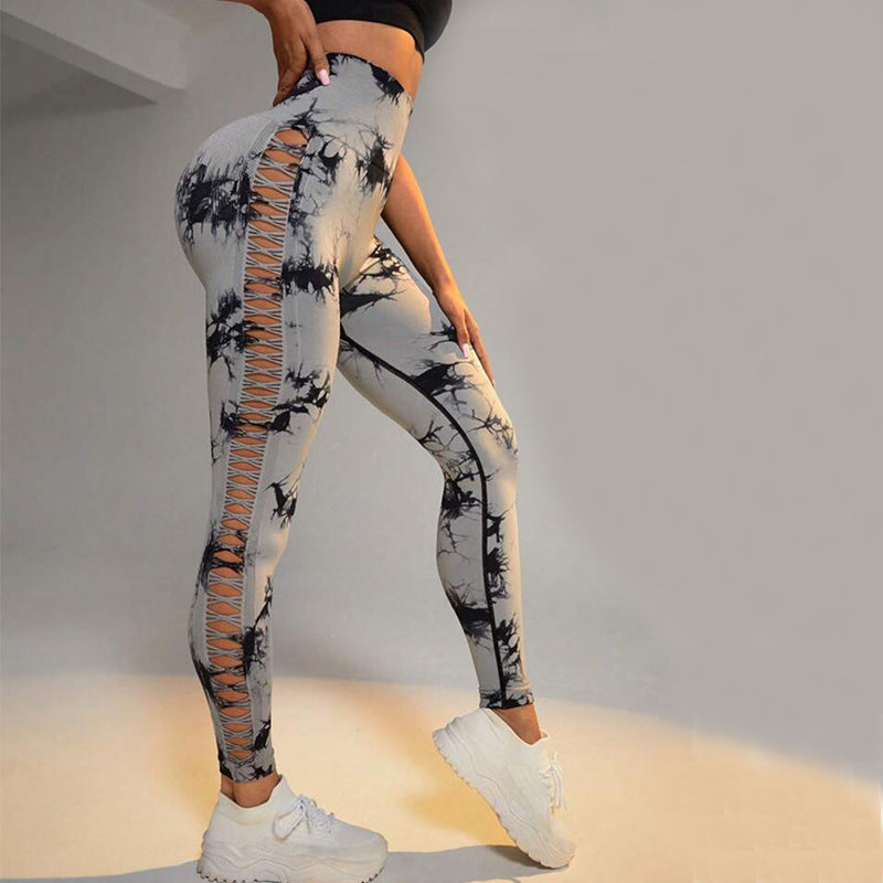 Leggings - Hollow Tie Dye Printed Yoga Pants High Waist Butt Lift Seamless Sports Gym Fitness Leggings