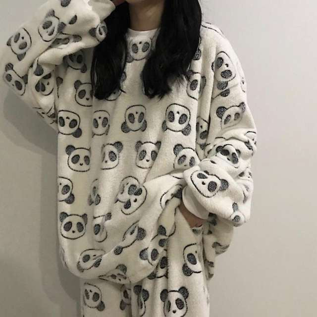 Cartoon Print Pajamas Sets Winter Warm Long Sleeve Sleepwear Home Nightclothes Women