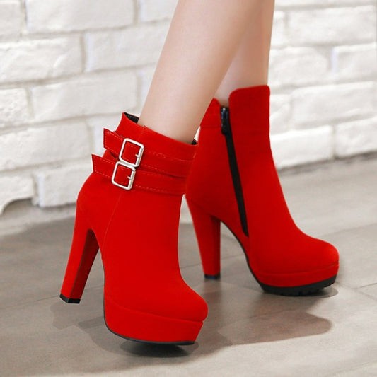Red women's boots wedding shoes bride high heel boots small size boots