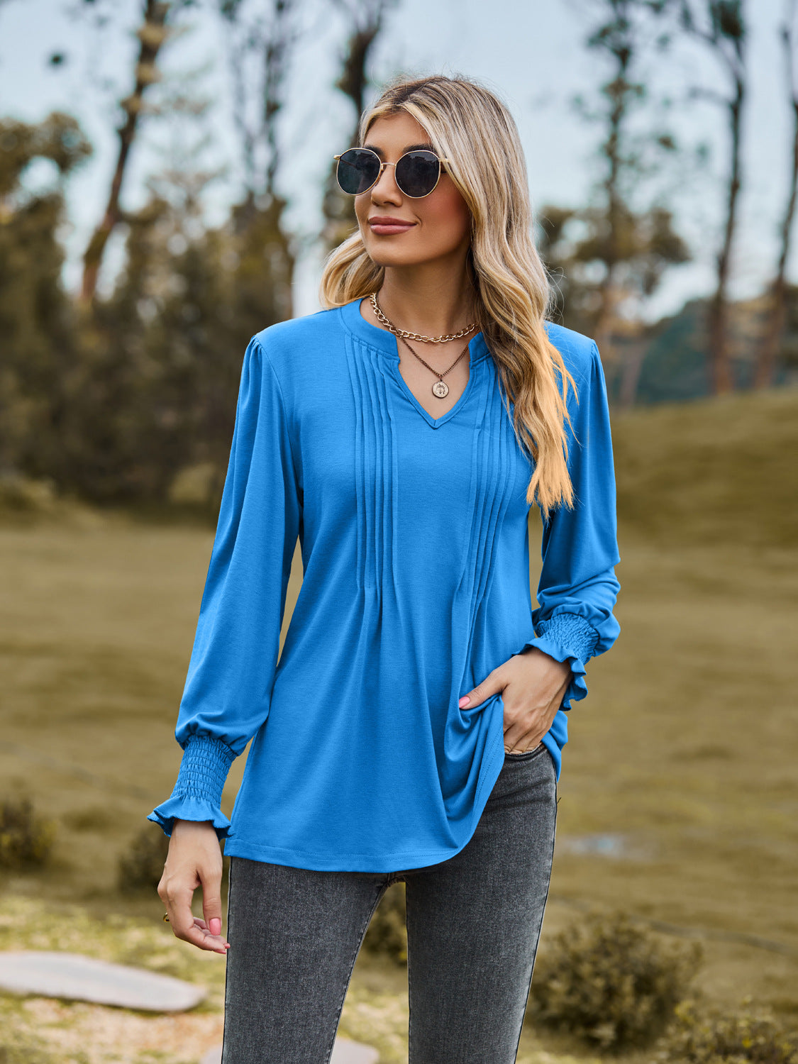 Puff Sleeve Blouse: Women's Solid Color Striped V-neck Smocking Top