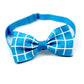 Blue bow tie with white grid pattern on a white background