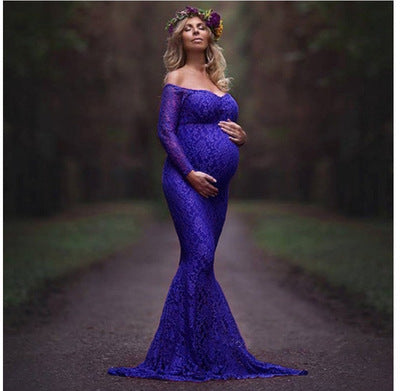 Maternity Dress  - Long Sleeve Lace Maternity Dress for Photoshoots blue