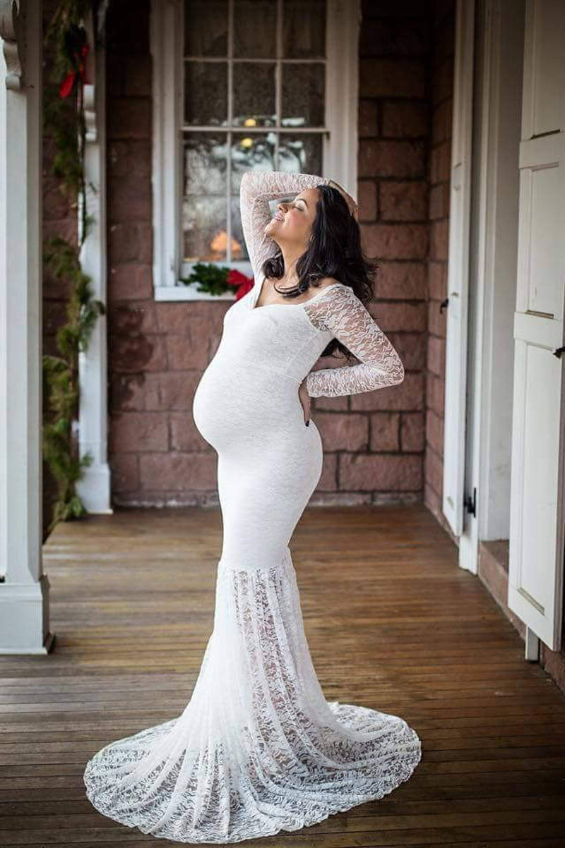 Maternity Dress  - Long Sleeve Lace Maternity Dress for Photoshoots white