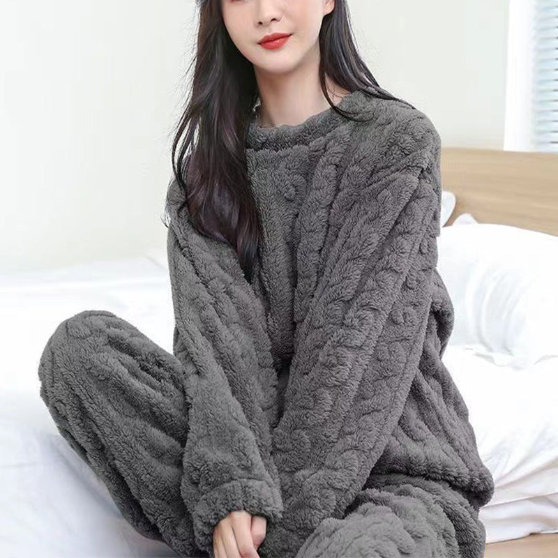 Winter-Pyjama-Sets, Homewear, einfarbig, lockerer, verdickter Korallen-Samt-Pullover, lange Ärmel und Hosen, warme Pyjamas, Freizeitkleidung für drinnen und draußen