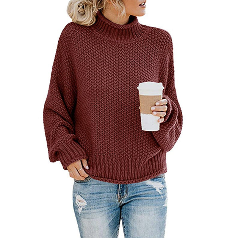 Sweater - Cardigan Thick Thread Turtleneck Pullover oxblood