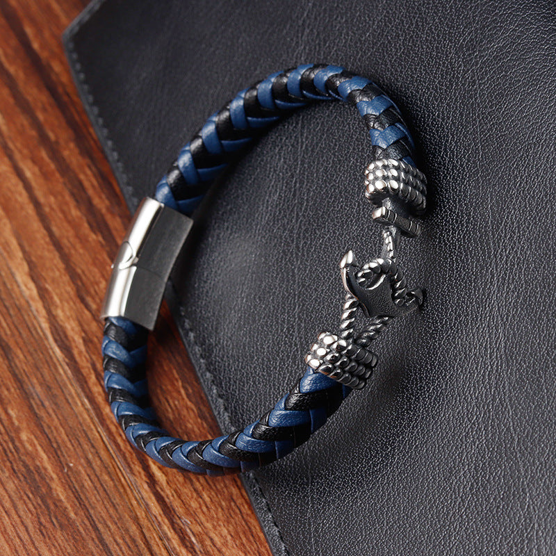 Mens Titanium Steel Bracelet Leather Braided Anchor