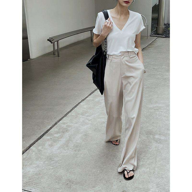 Spring New Women''s Simple Fashionable Irregular Waist Versatile Wide Leg Suit Pants