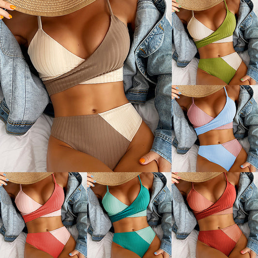 Bikini Sets: Ribbed Women's Swimsuit Knot Back Beachwear