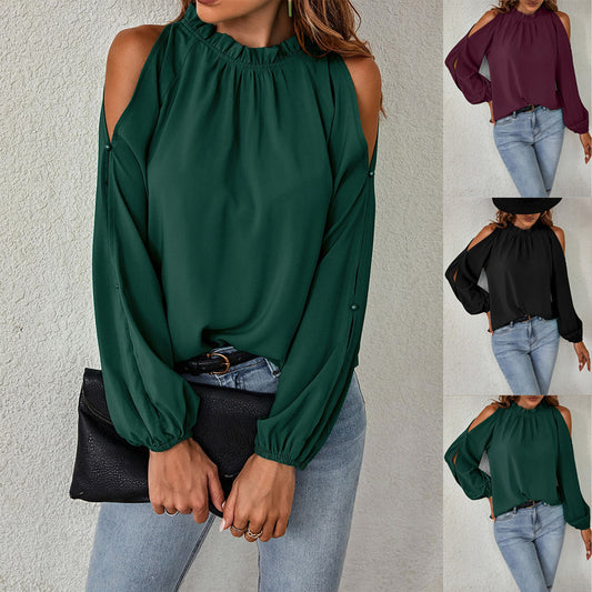 Long Sleeve Top - Ruffle Round Neck Long Sleeve Pleated Off-shoulder Top