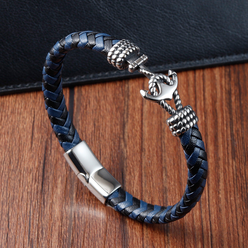 Mens Titanium Steel Bracelet Leather Braided Anchor