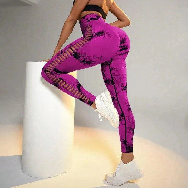 Leggings - Hollow Tie Dye Printed Yoga Pants High Waist Butt Lift Seamless Sports Gym Fitness Leggings