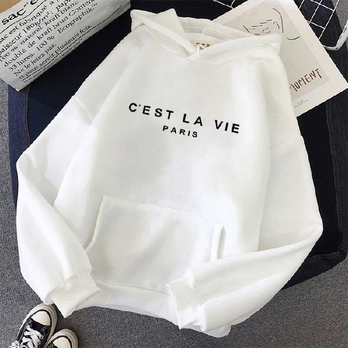 Hoodie - Letter Print Loose Fit Hooded Sweatshirt for Students white