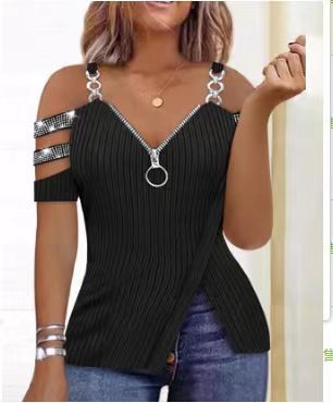 V-neck Top - Women's Rhinestone Zipper Eyelet V-neck Raglan Sleeve Sling Irregular T-shirt black