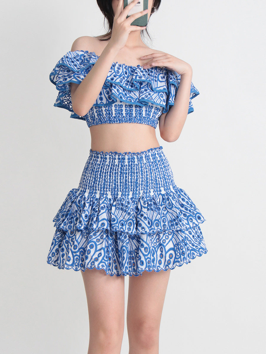 Seaside Vacation Style Two-piece Collar Short Ruffled Shirt High Waist Skirt Outfit