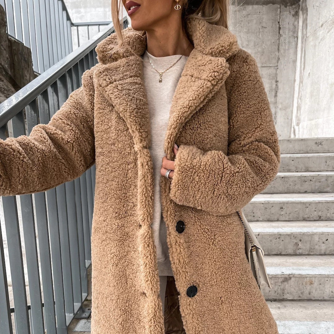 Haut de veste en peluche à revers à manches longues pour femmes