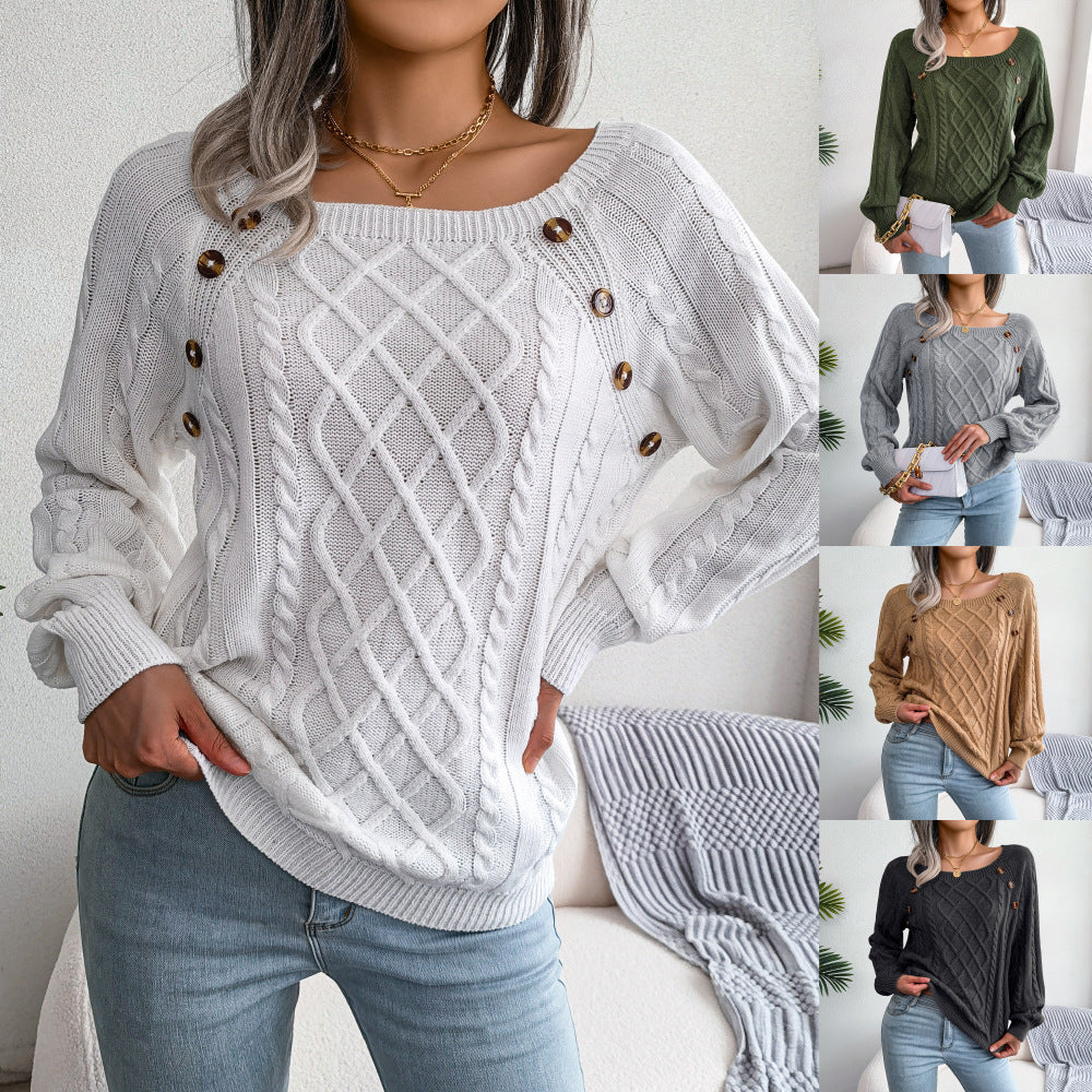 Sweater - Square Neck Button-Up Twisted Knit Sweater