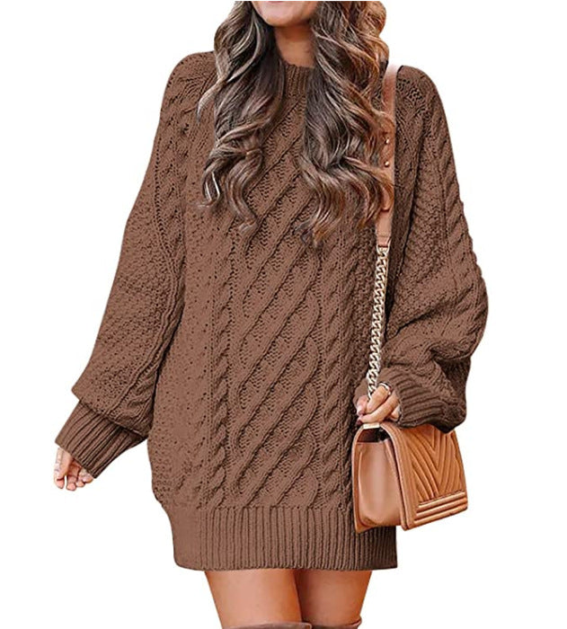 Sweater - Women's Twisted Knit Midi Sweater Dress with Long Sleeves brown