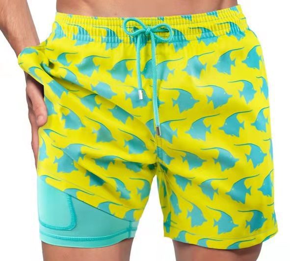 Mens Sports Print Double Layer Polyester Shorts