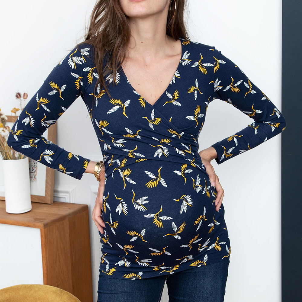 Breastfeeding Tops - Deep V-neck print long sleeves