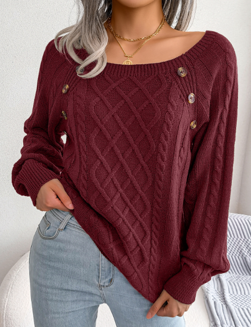 Sweater - Square Neck Button-Up Twisted Knit Sweater red