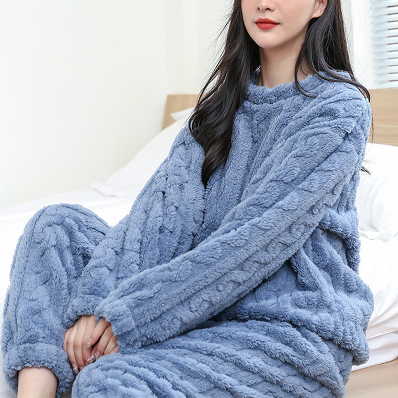 Winter Pajamas Sets Homewear Solid Color Loose Thickened Coral Velvet Pullover Long Sleeves And Trousers Warm Pajamas Indoor Outdoor Casual Clothes