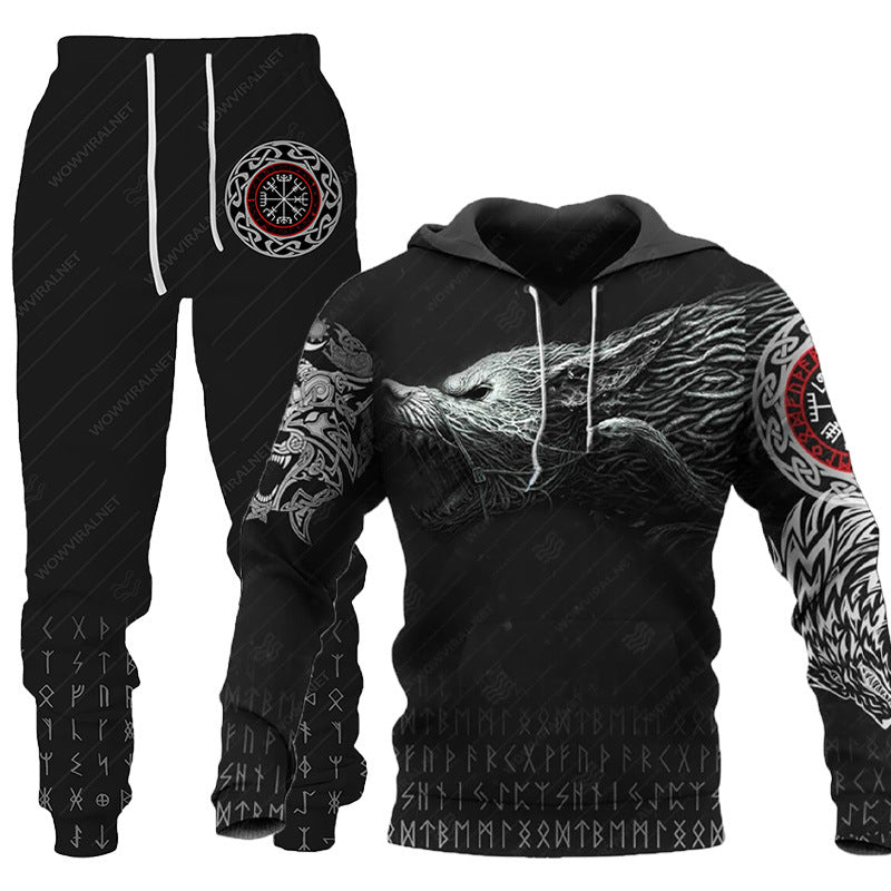 Tracksuit: 3D Wolf Print Hooded Sweatsuit for Men