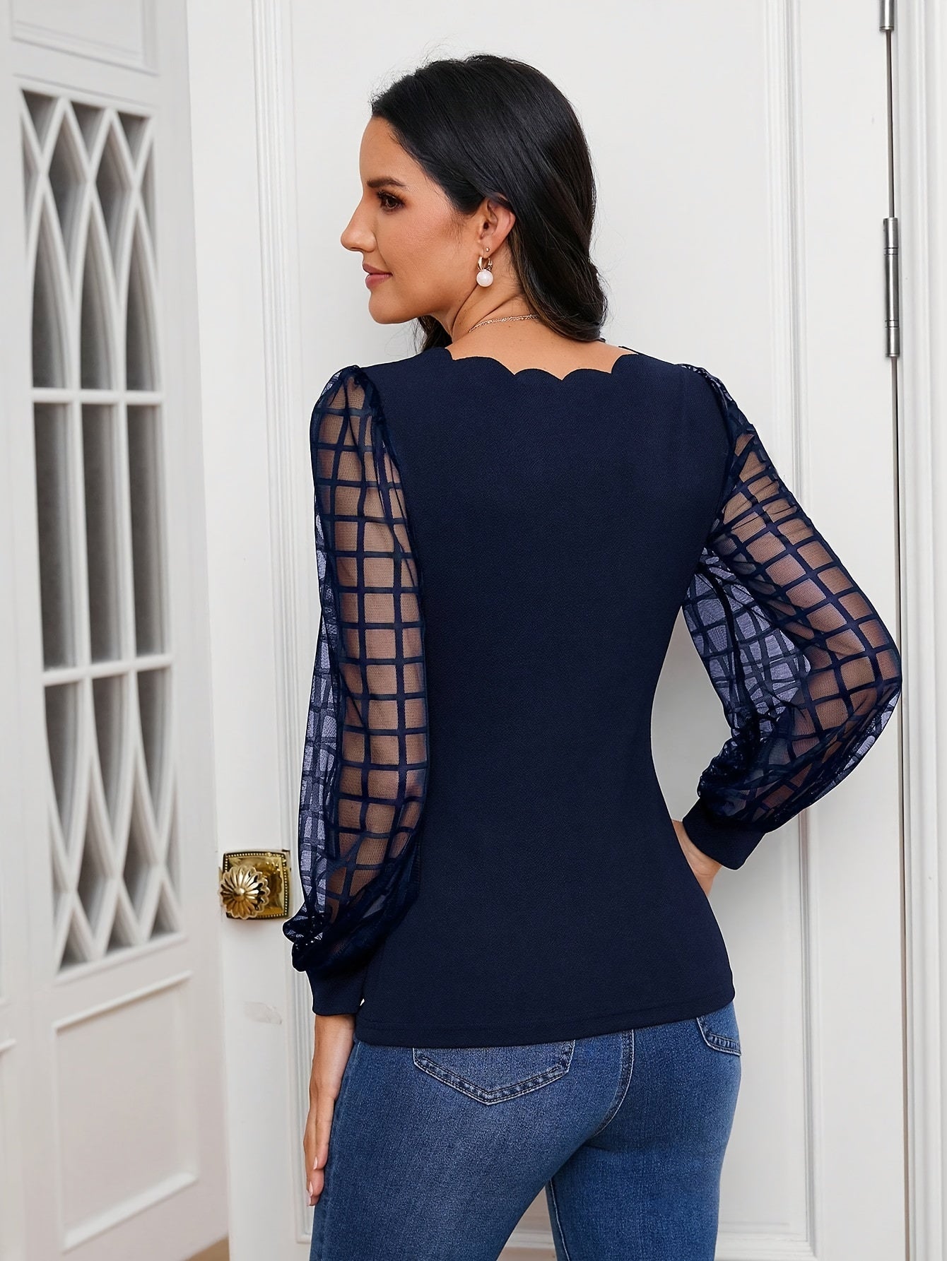 V-Neck Blouse - Women's Casual Scallop Trim V-Neck Blouse with Long Illusion Sleeves for Spring/Fall navy blue