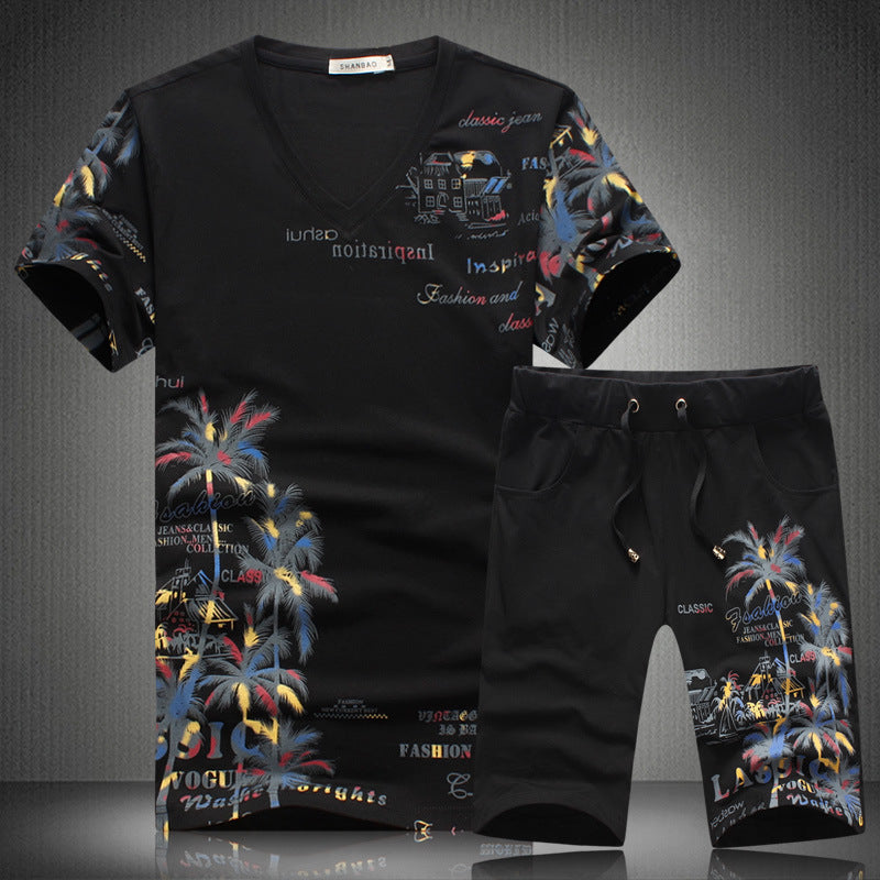 New Short-sleeved Suit Fashion Printed Men Leisure Set Short-sleeved T-shirt Shorts Sports Two-piece Suit