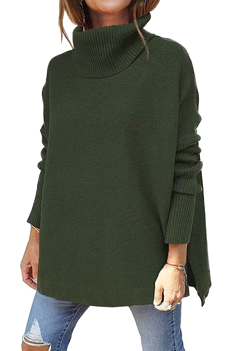 Turtleneck Sweater - Mid Length Batwing Sleeve Slit Hem Tunic Pullover green