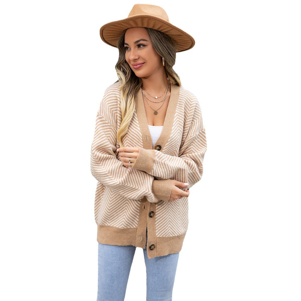 Sweater - Women's Casual Button-Up Color Block Cardigan Sweater